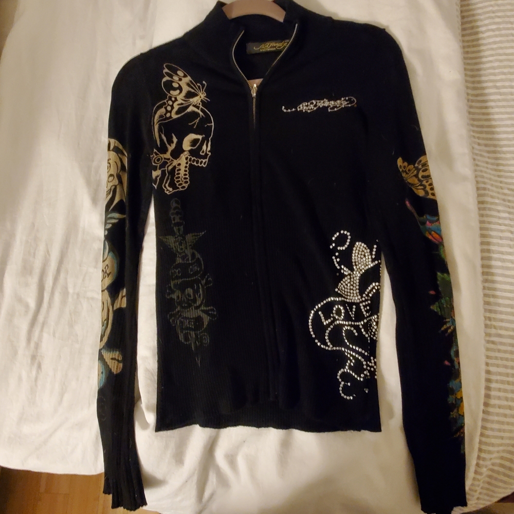 Ed Hardy Black Rhinestone Zip-Up Jacket with Tattoo Graphics